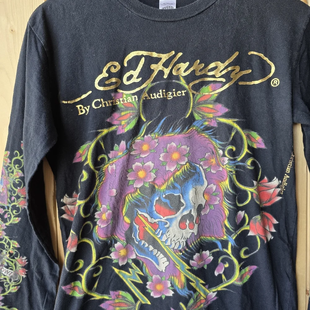Christian Audigier Ed Hardy Long Sleeve Black Skull Floral Print Shirt Mens S - Picture 2 of 15